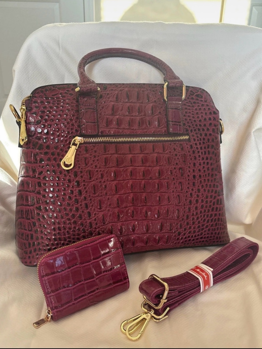 Croc-Embossed Structured Satchel in Wine with Matching Wallet